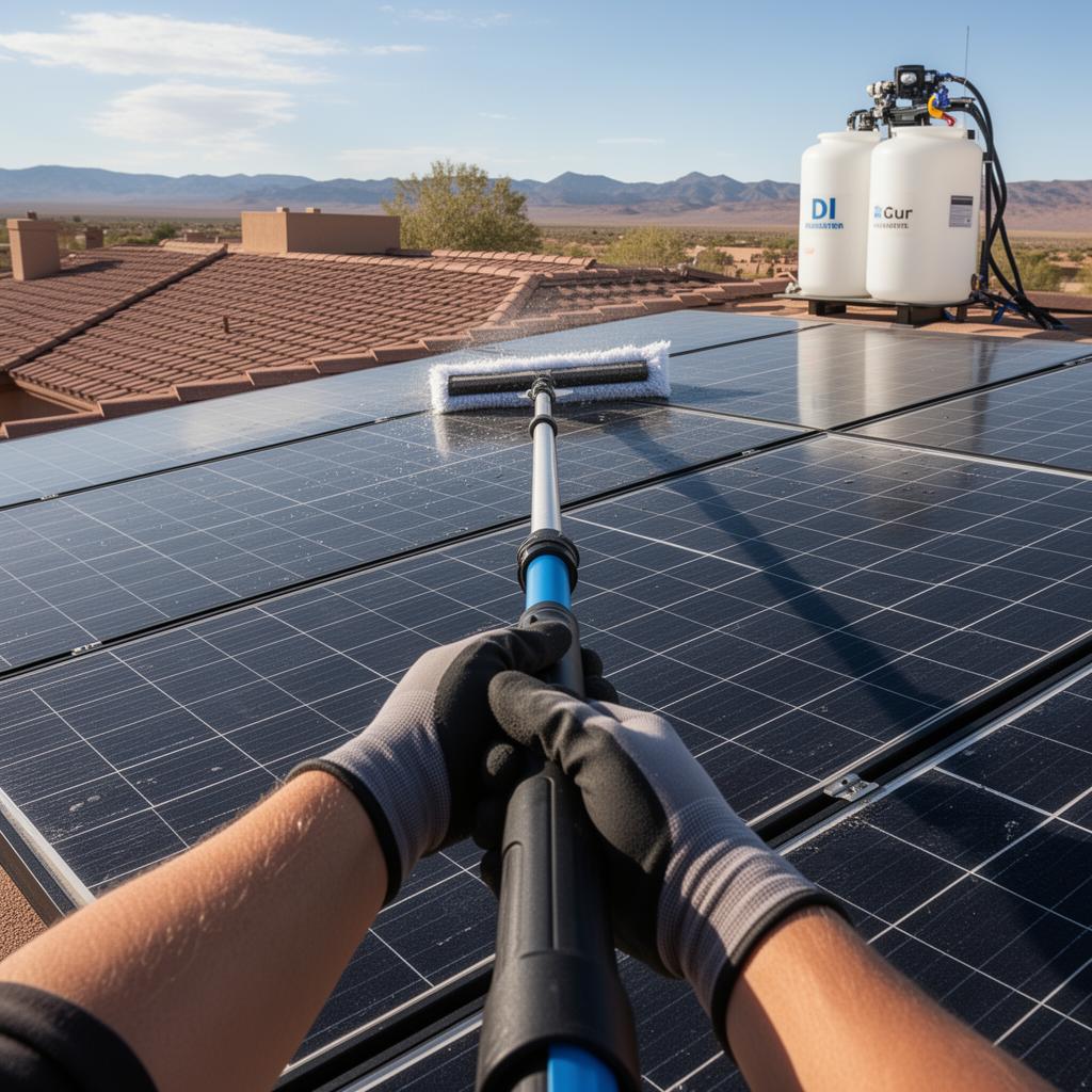 Solar cleaning equipment in use on a residential roof